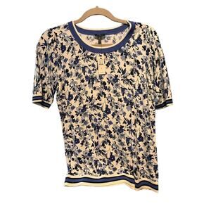 Talbots Women's Short Sleeved Blue Floral Sweater-Size S